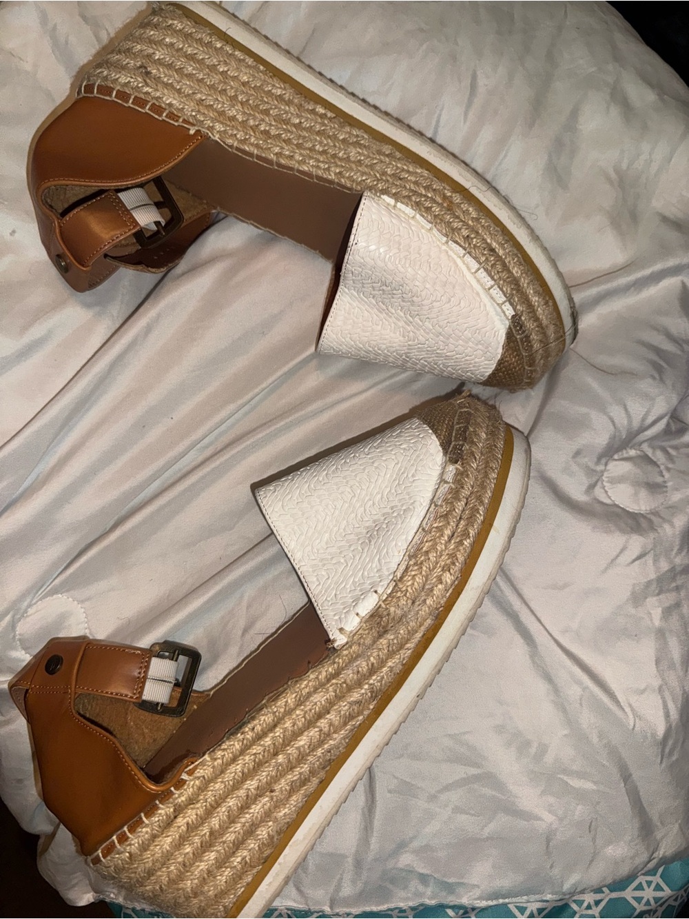 Nautica White and Tan Espadrille Platform Sandals with Ankle Buckle